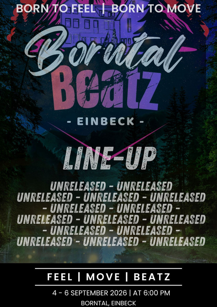 Poster mit dem Line-Up des Nachtorientierungslauf mit dem Motto "Borntal Beatz"